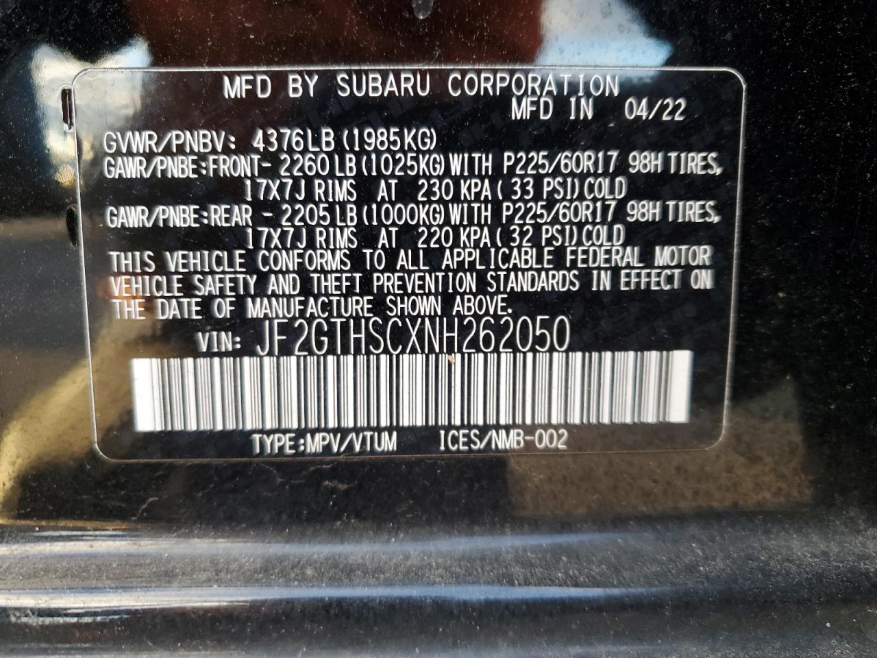 2022 Subaru Crosstrek Sport VIN: JF2GTHSCXNH262050 Lot: 91844865