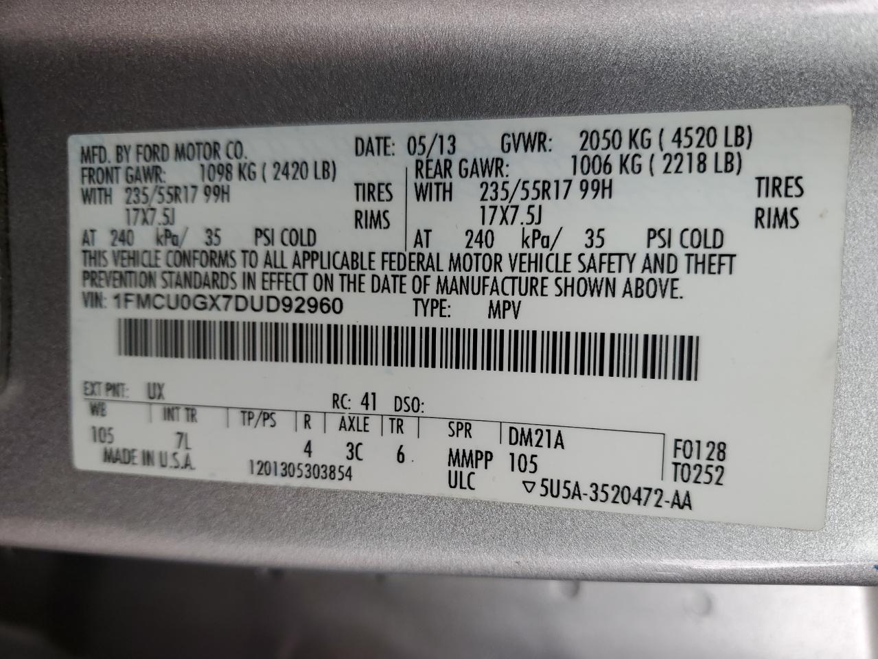 2013 Ford Escape Se VIN: 1FMCU0GX7DUD92960 Lot: 93473455