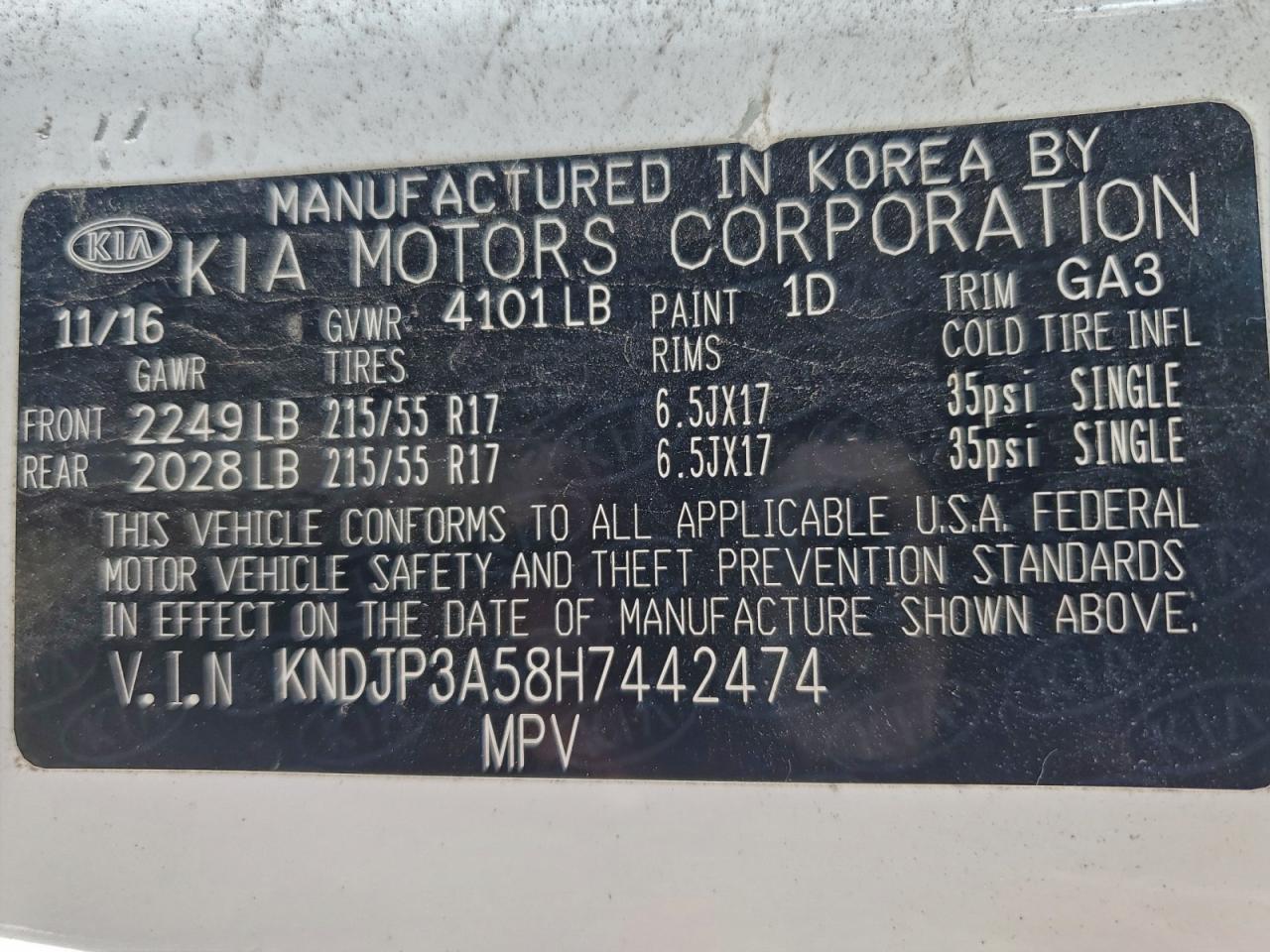 2017 Kia Soul + VIN: KNDJP3A58H7442474 Lot: 94457465