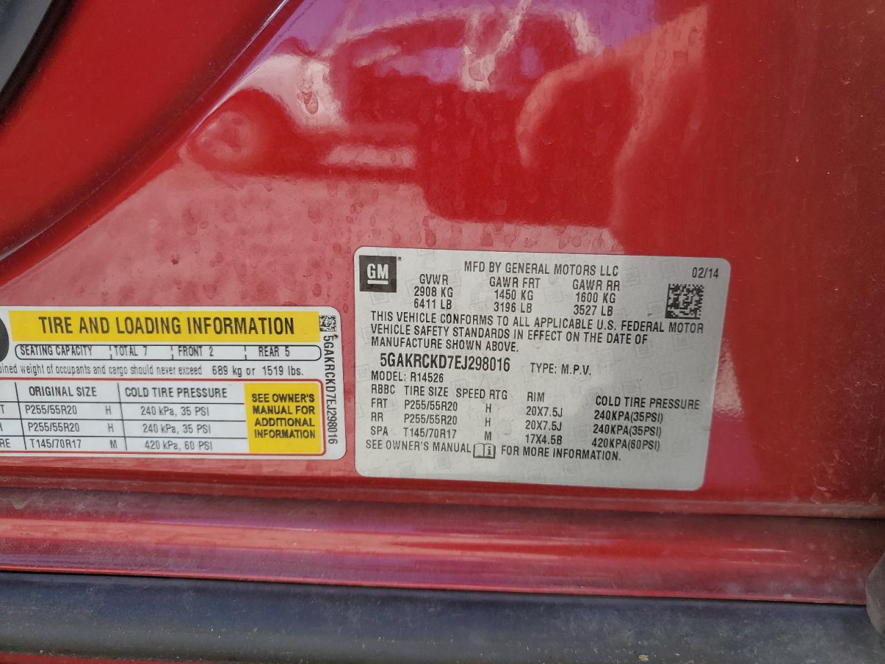 2014 Buick Enclave VIN: 5GAKRCKD7EJ298016 Lot: 93182125