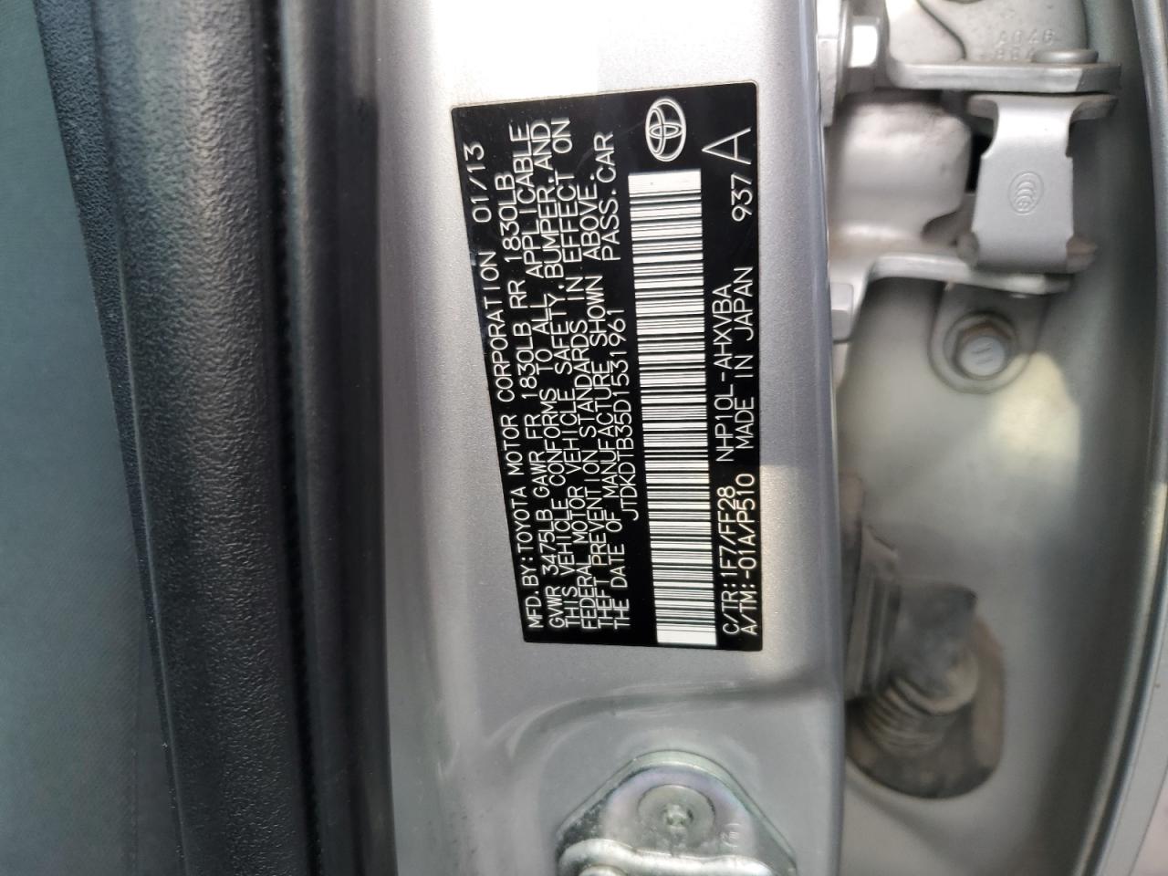 2013 Toyota Prius C VIN: JTDKDTB35D1531961 Lot: 92123115