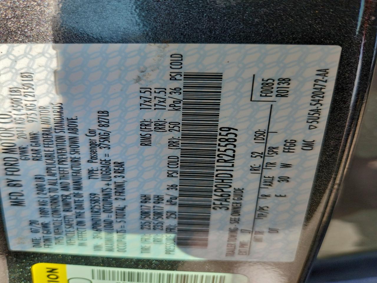 2020 Ford Fusion Se VIN: 3FA6P0HD1LR255859 Lot: 93517535