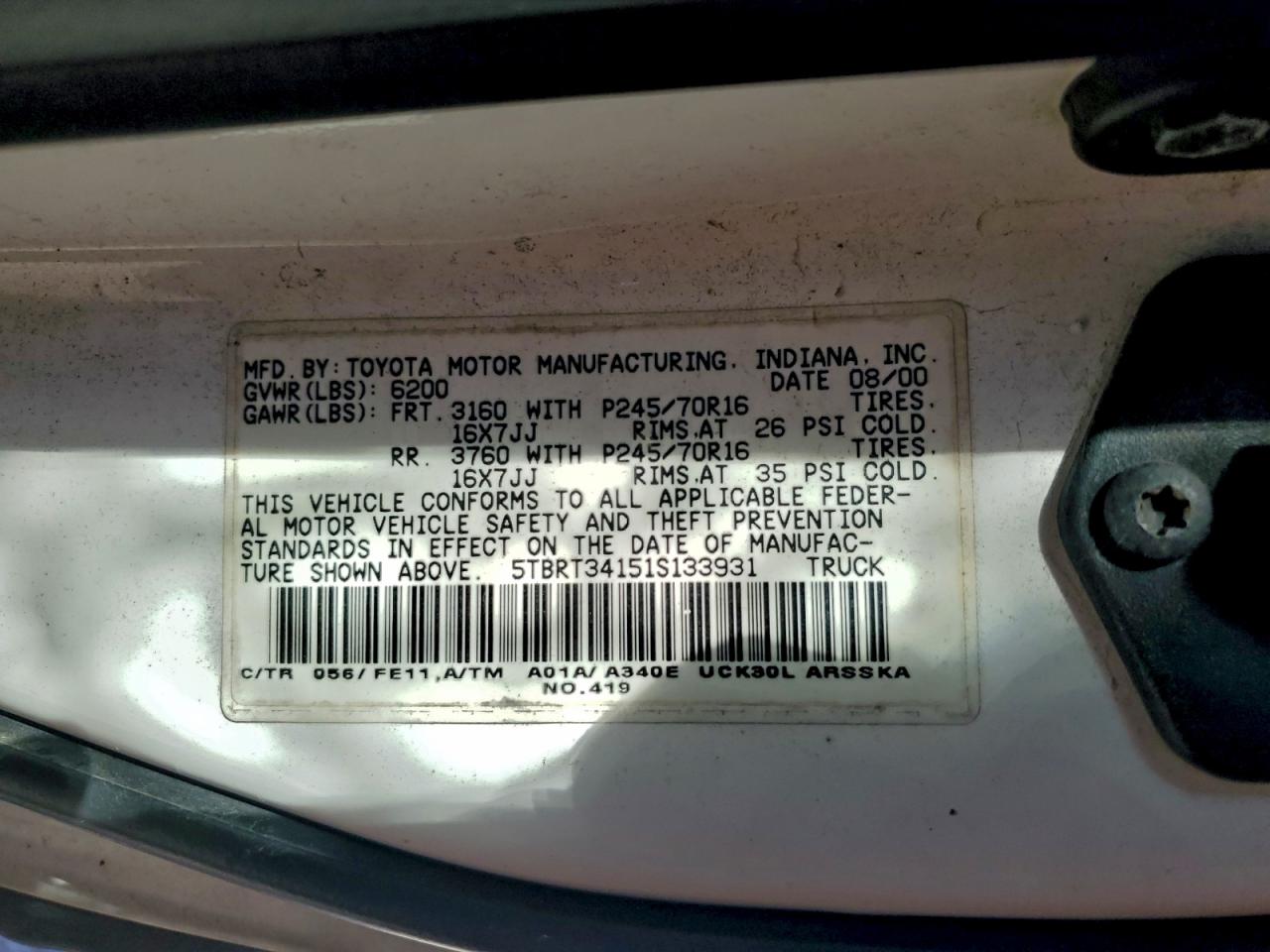 2001 Toyota Tundra Access Cab VIN: 5TBRT34151S133931 Lot: 94655215