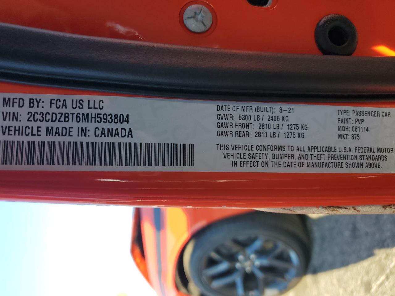 2021 Dodge Challenger R/T VIN: 2C3CDZBT6MH593804 Lot: 91134195