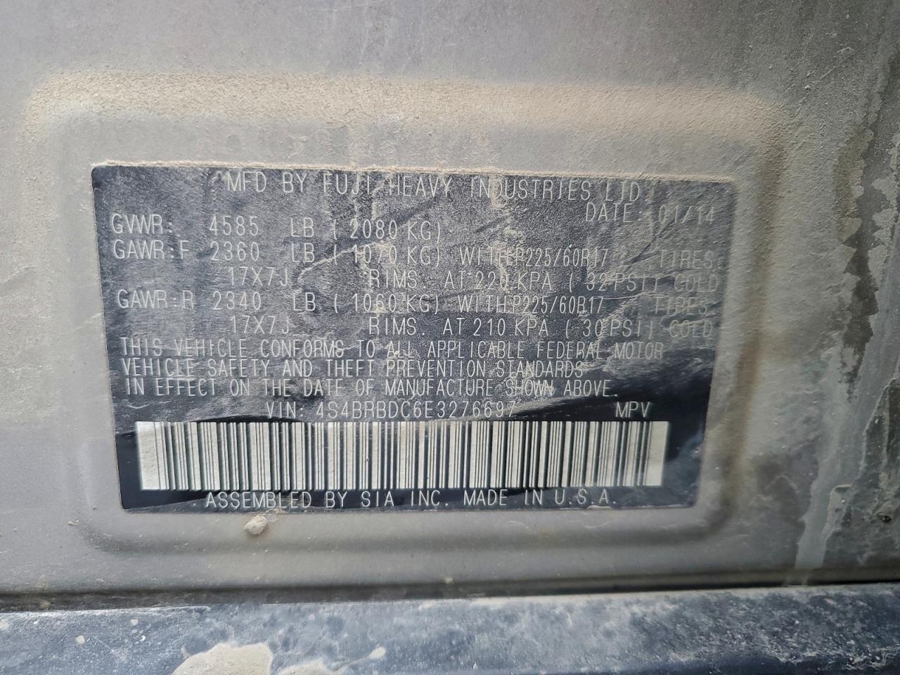 2014 Subaru Outback 2.5I Premium VIN: 4S4BRBDC6E3276697 Lot: 94358685