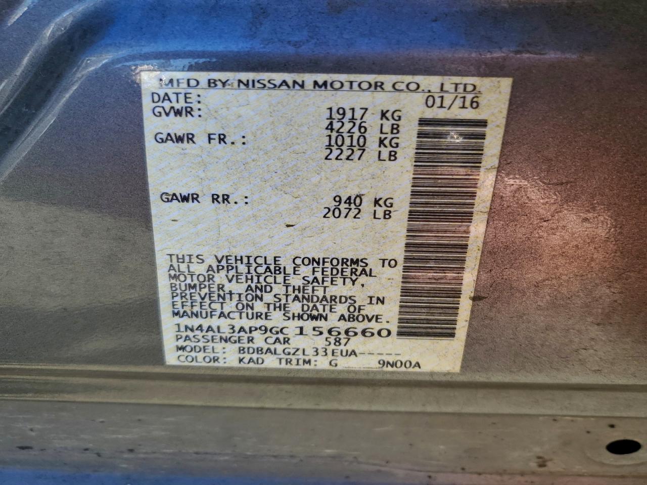 2016 Nissan Altima 2.5 VIN: 1N4AL3AP9GC156660 Lot: 93752475