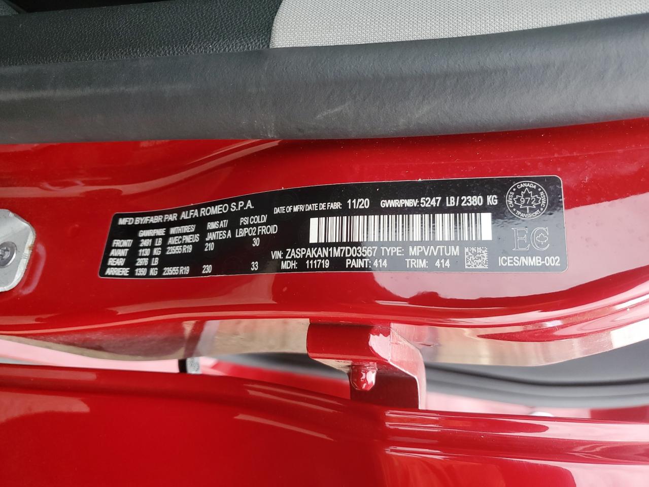 2021 Abwl Stelvio Sprint VIN: ZASPAKAN1M7D03567 Lot: 92371305