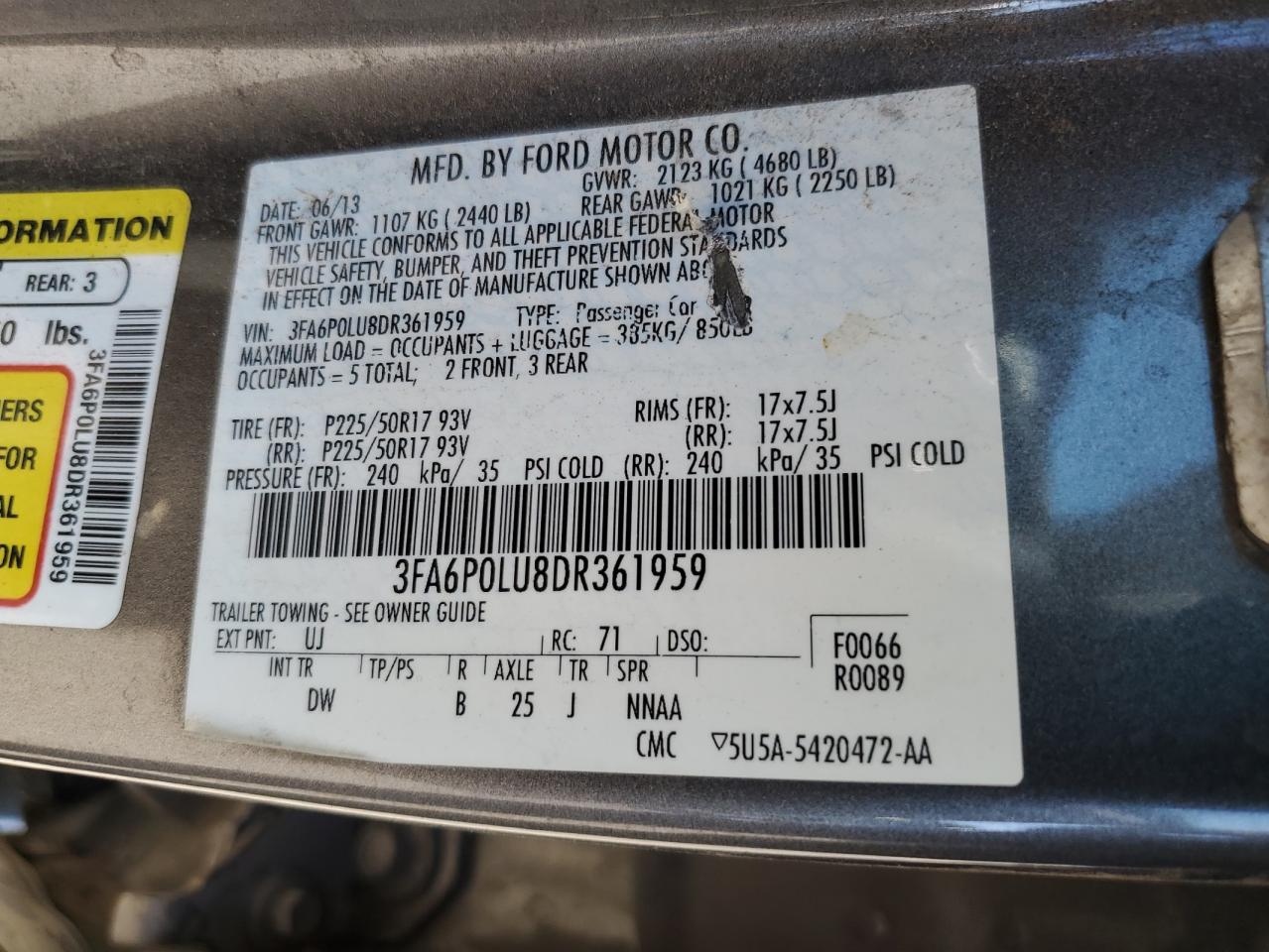 2013 Ford Fusion Se Hybrid VIN: 3FA6P0LU8DR361959 Lot: 92037625