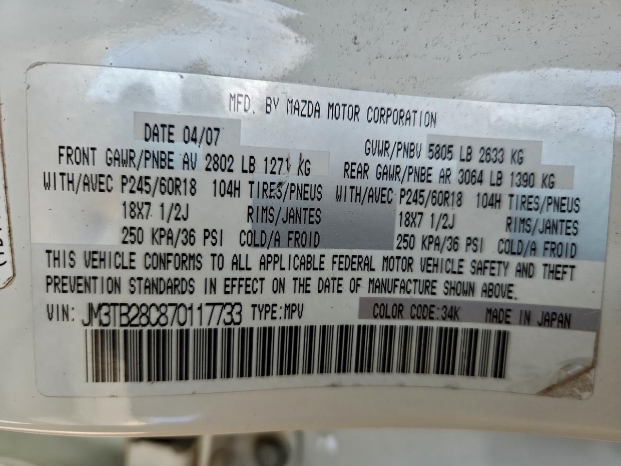 2007 Mazda Cx-9 VIN: JM3TB28C870117733 Lot: 94479685
