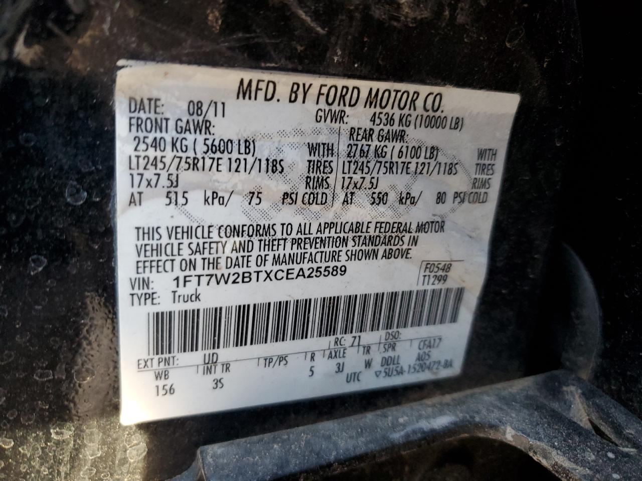 2012 Ford F250 Super Duty VIN: 1FT7W2BTXCEA25589 Lot: 90881345