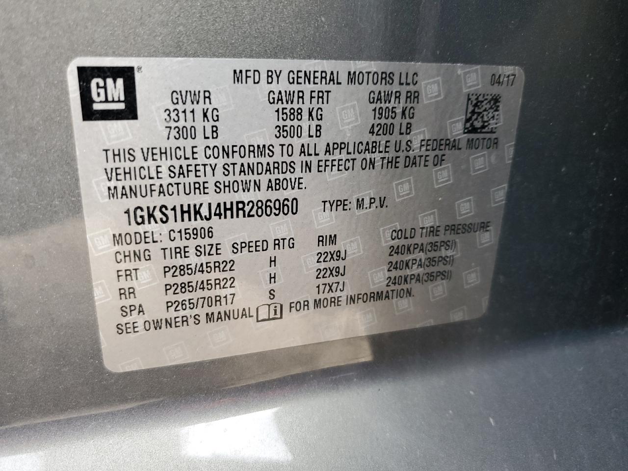 2017 GMC Yukon Xl Denali VIN: 1GKS1HKJ4HR286960 Lot: 93452425