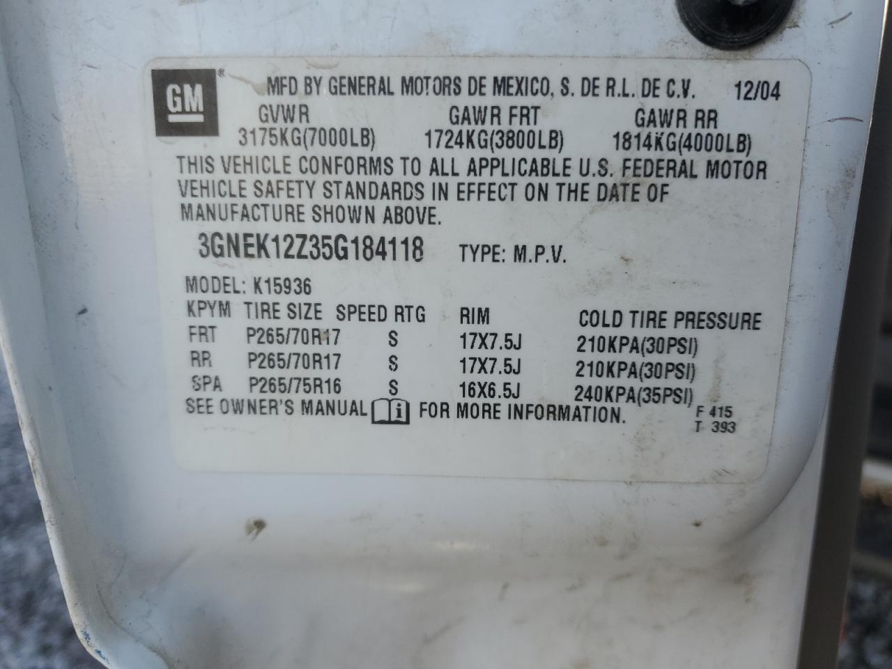 2005 Chevrolet Avalanche K1500 VIN: 3GNEK12Z35G184118 Lot: 93288875