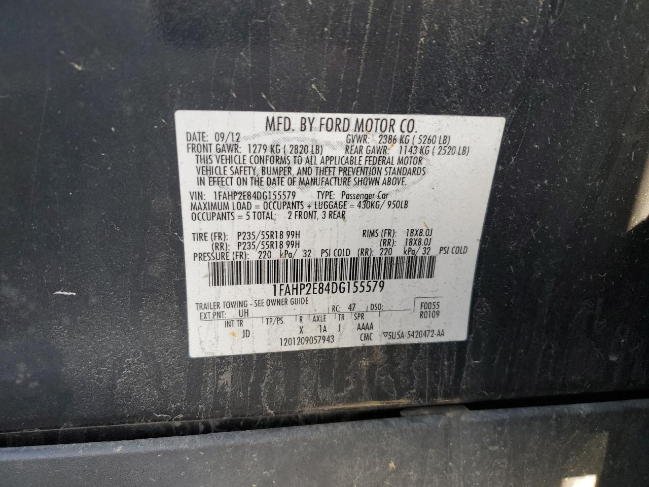 2013 Ford Taurus Sel VIN: 1FAHP2E84DG155579 Lot: 92370215