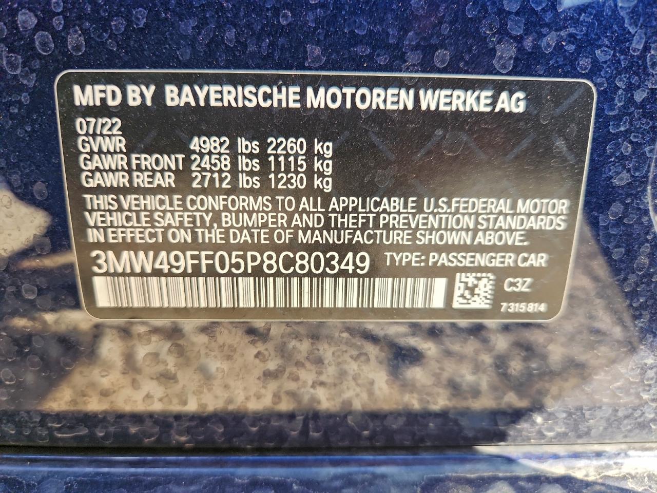 2023 BMW M340Xi VIN: 3MW49FF05P8C80349 Lot: 93711065