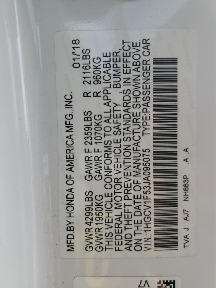 2018 Honda Accord Exl VIN: 1HGCV1F53JA095075 Lot: 92359725
