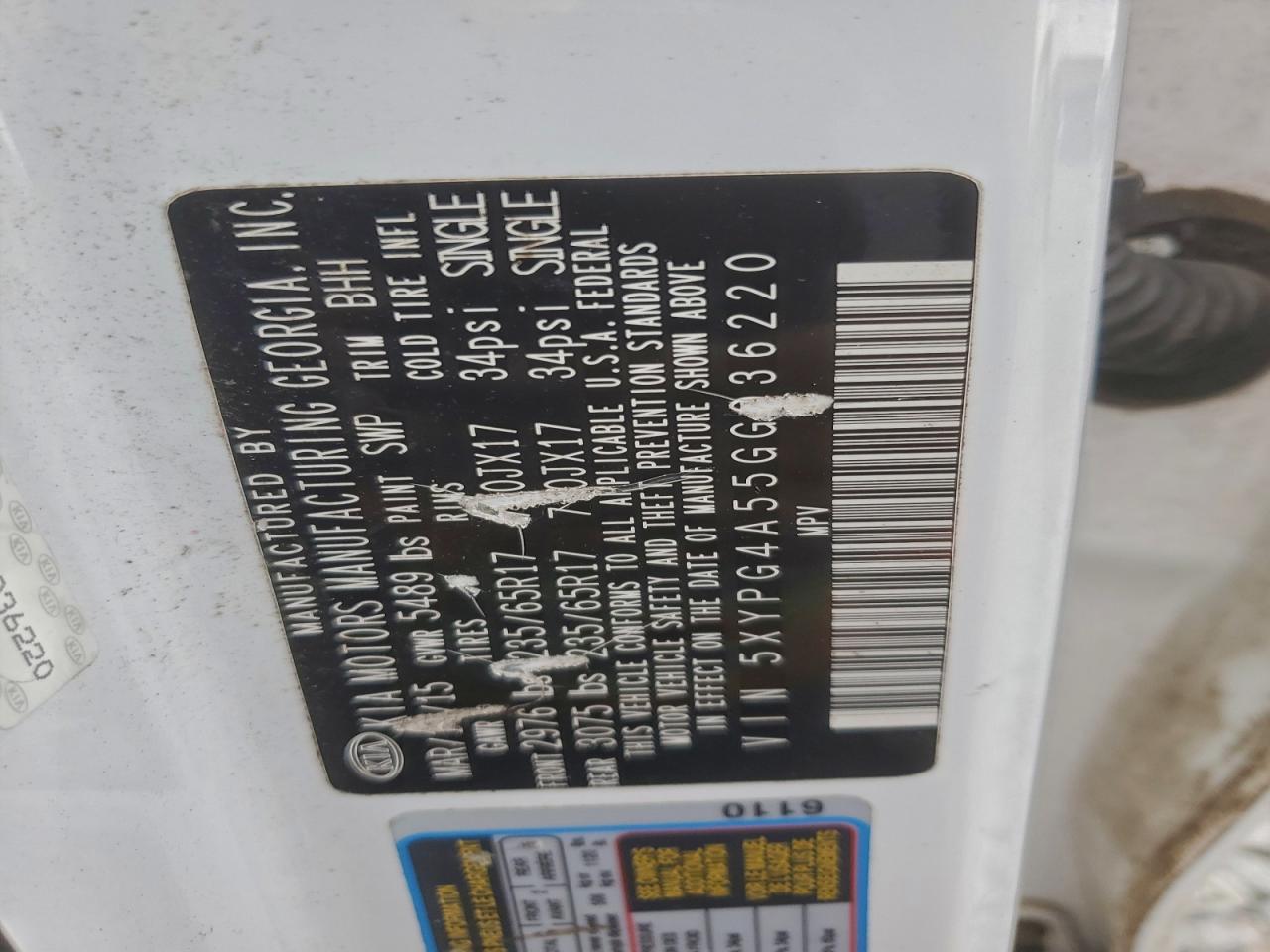 2016 Kia Sorento Lx VIN: 5XYPG4A55GG036220 Lot: 93888425