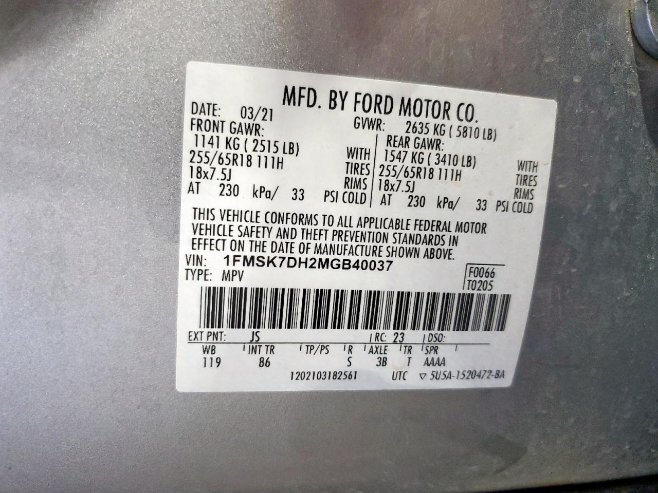 2021 Ford Explorer Xlt VIN: 1FMSK7DH2MGB40037 Lot: 92783945