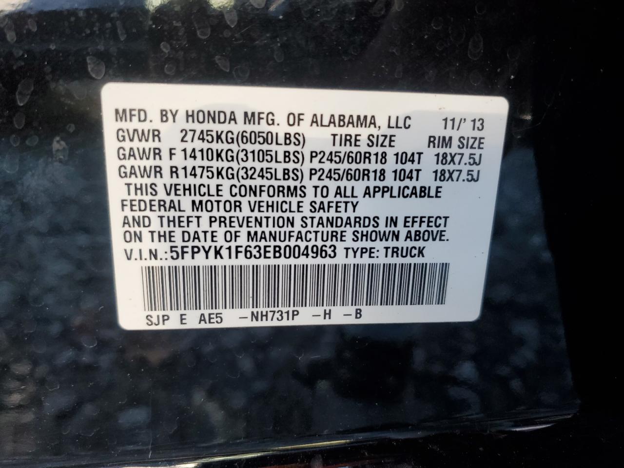 2014 Honda Ridgeline Rtl-S VIN: 5FPYK1F63EB004963 Lot: 93264765