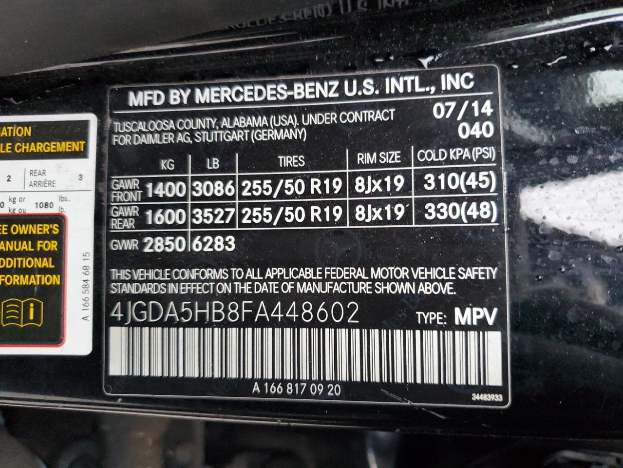 2015 Mercedes-Benz Ml 350 4Matic VIN: 4JGDA5HB8FA448602 Lot: 93092905