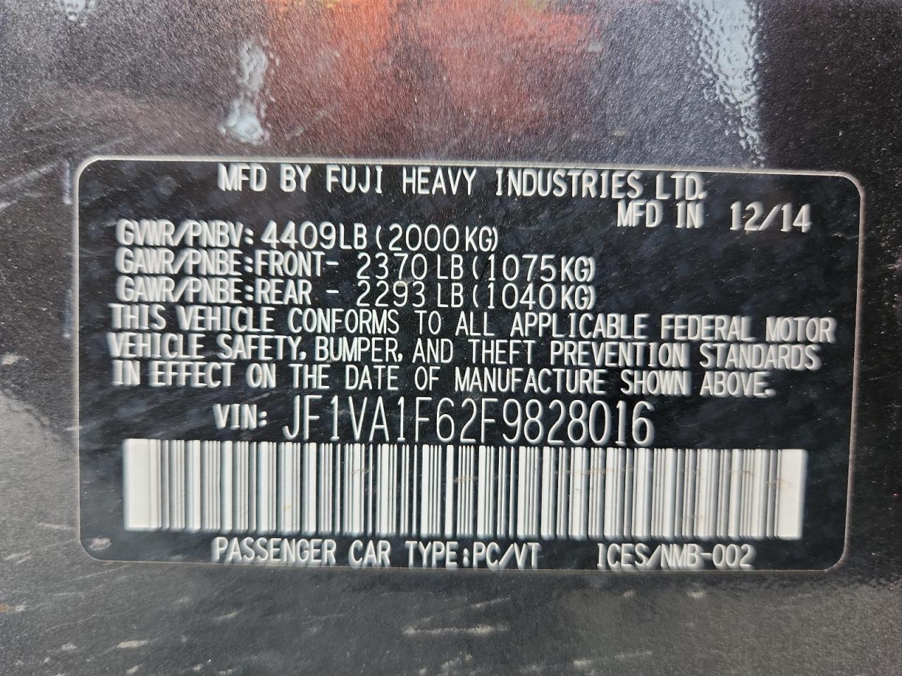 2015 Subaru Wrx Premium VIN: JF1VA1F62F9828016 Lot: 91278195