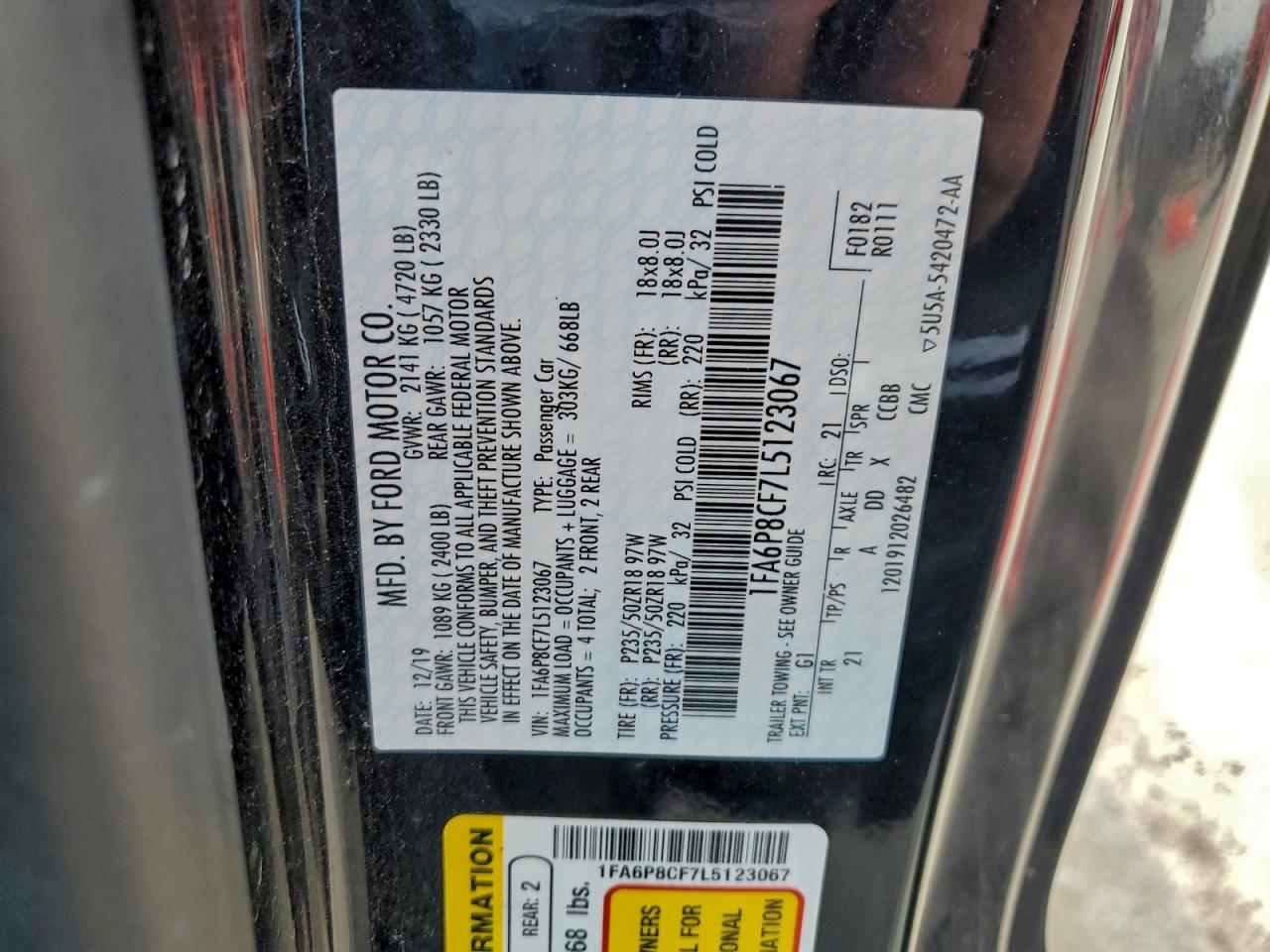 2020 Ford Mustang Gt VIN: 1FA6P8CF7L5123067 Lot: 93945575