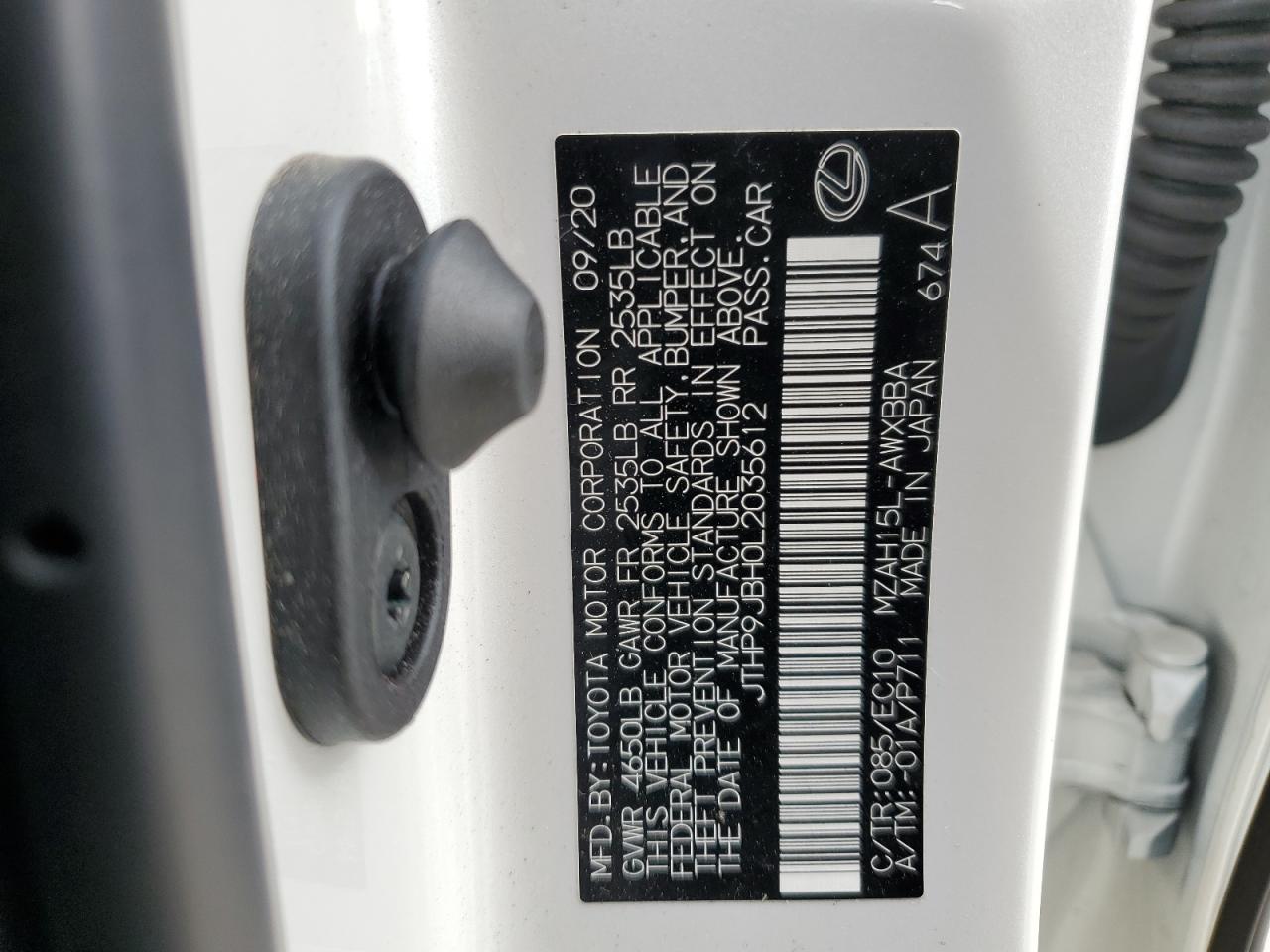 2020 Lexus Ux 250H VIN: JTHP9JBH0L2035612 Lot: 93024625