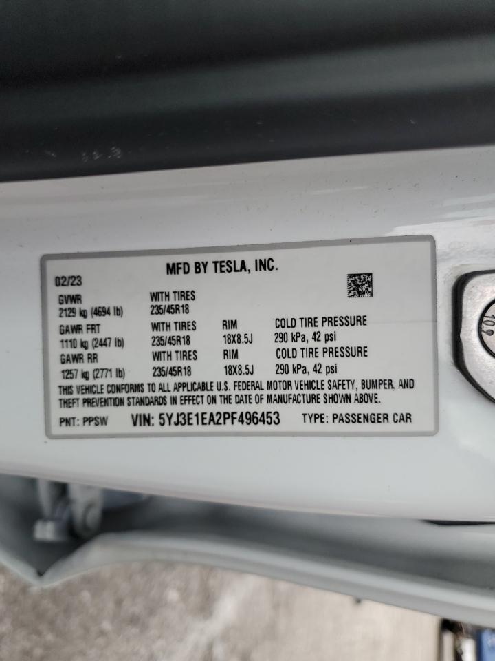 2023 Tesla Model 3 VIN: 5YJ3E1EA2PF496453 Lot: 93309665