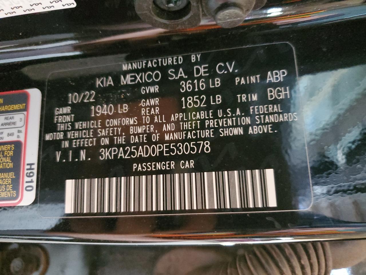 2023 Kia Rio S VIN: 3KPA25AD0PE530578 Lot: 93246085