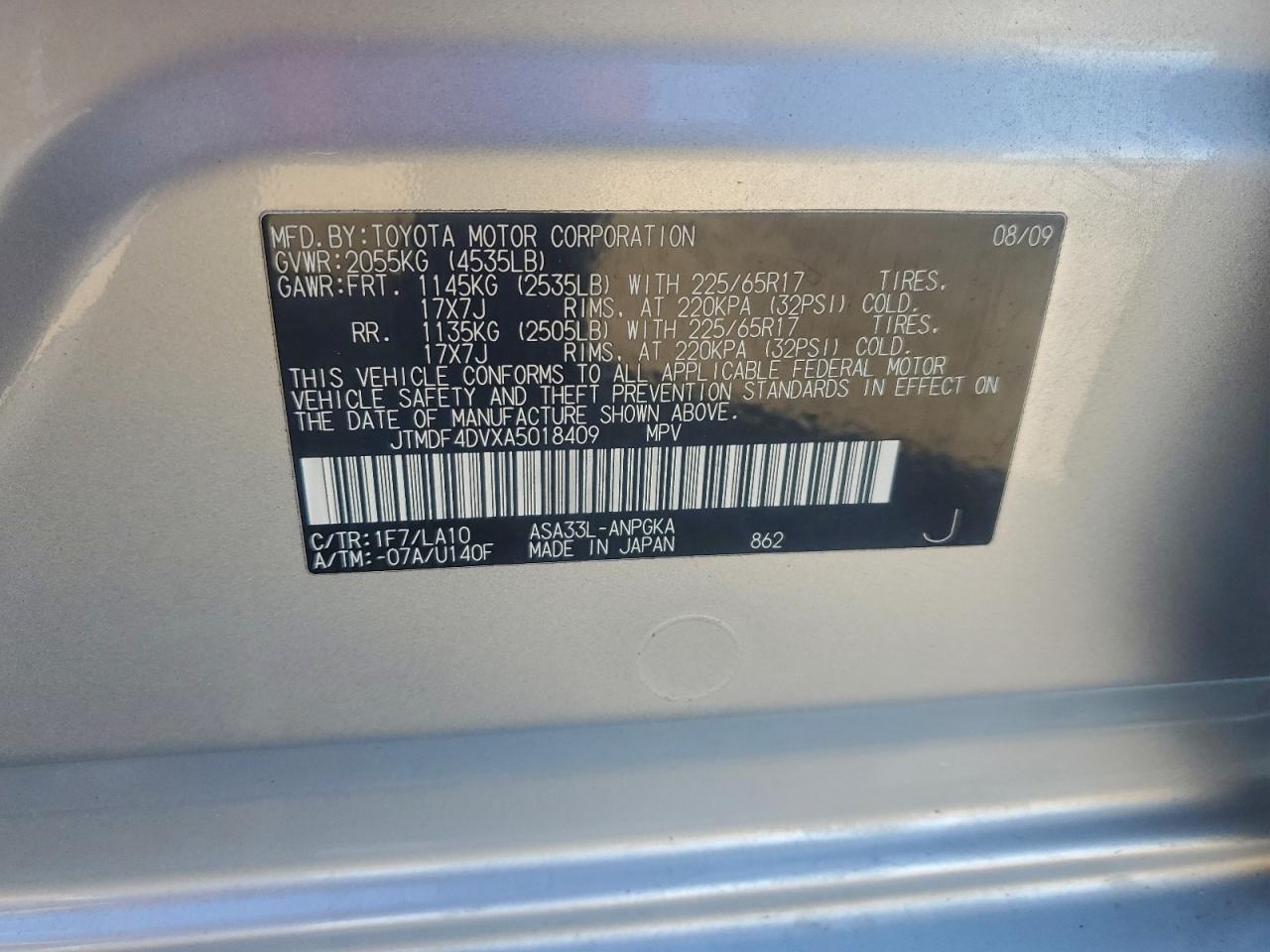 2010 Toyota Rav4 Limited VIN: JTMDF4DVXA5018409 Lot: 93886575