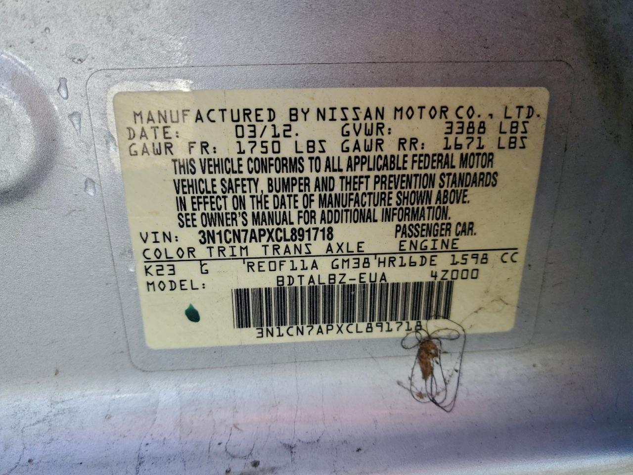 2012 Nissan Versa S VIN: 3N1CN7APXCL891718 Lot: 94286335