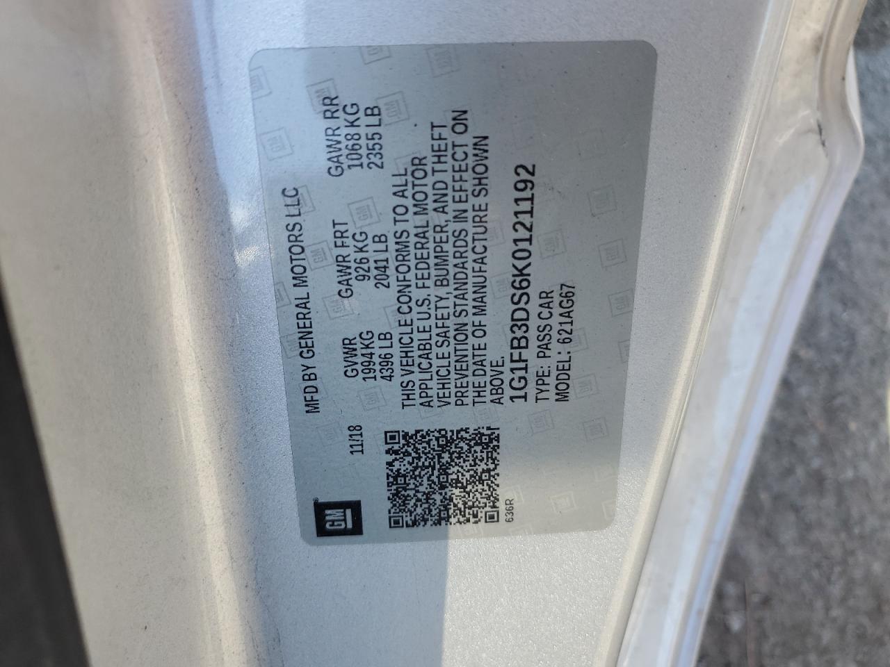 2019 Chevrolet Camaro Ls VIN: 1G1FB3DS6K0121192 Lot: 91982455