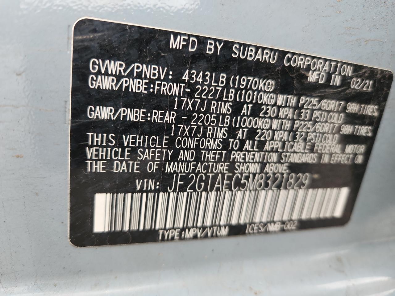 2021 Subaru Crosstrek Premium VIN: JF2GTAEC5M8321829 Lot: 90999015