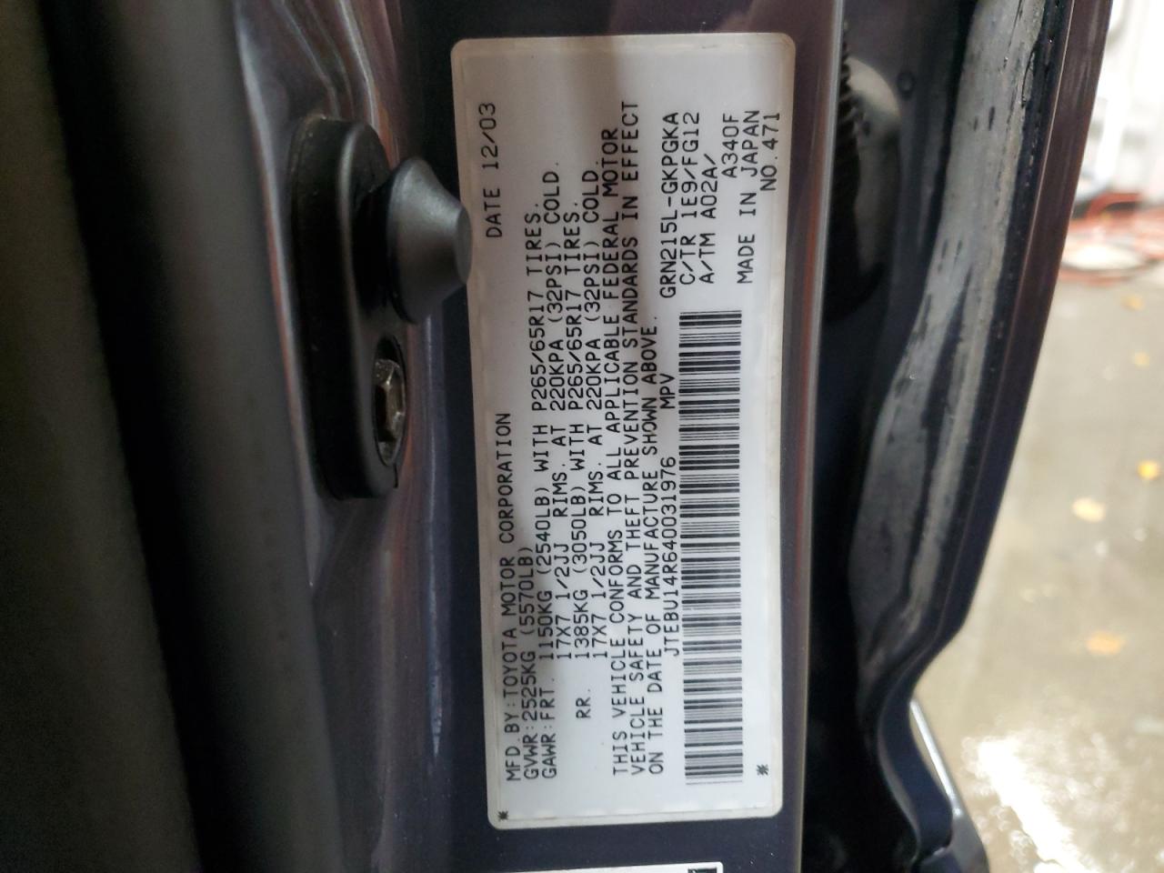 2004 Toyota 4Runner Sr5 VIN: JTEBU14R640031976 Lot: 92346725