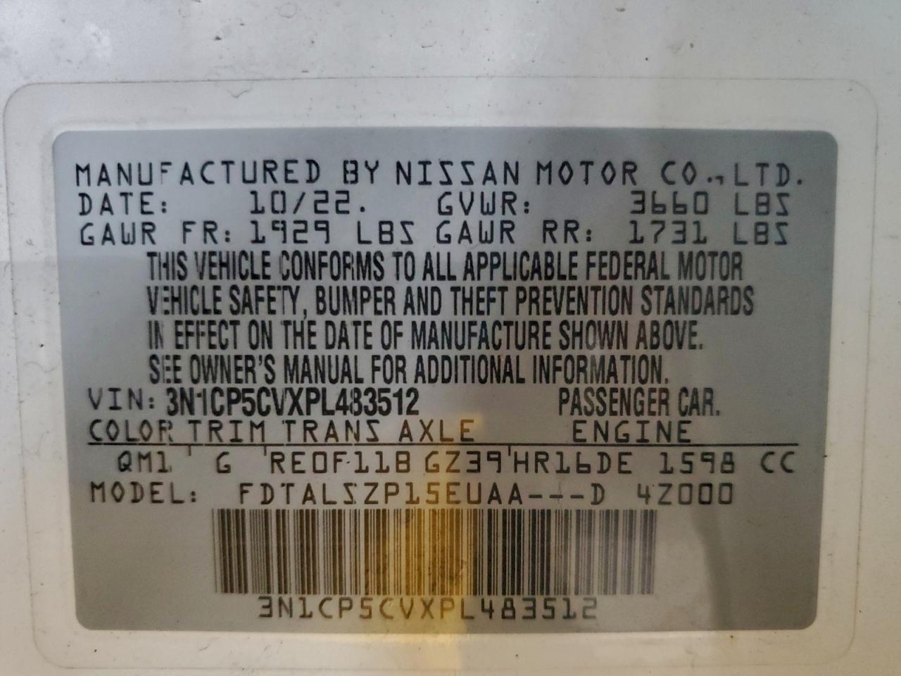 2023 Nissan Kicks Sv VIN: 3N1CP5CVXPL483512 Lot: 94102285