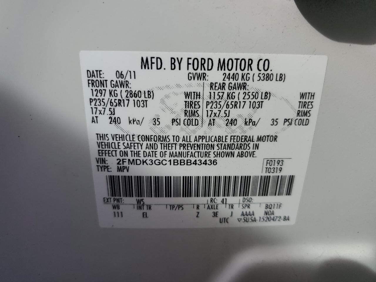 2011 Ford Edge Se VIN: 2FMDK3GC1BBB43436 Lot: 90759385