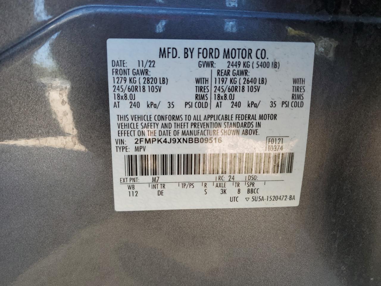 2022 Ford Edge Sel VIN: 2FMPK4J9XNBB09516 Lot: 91771885