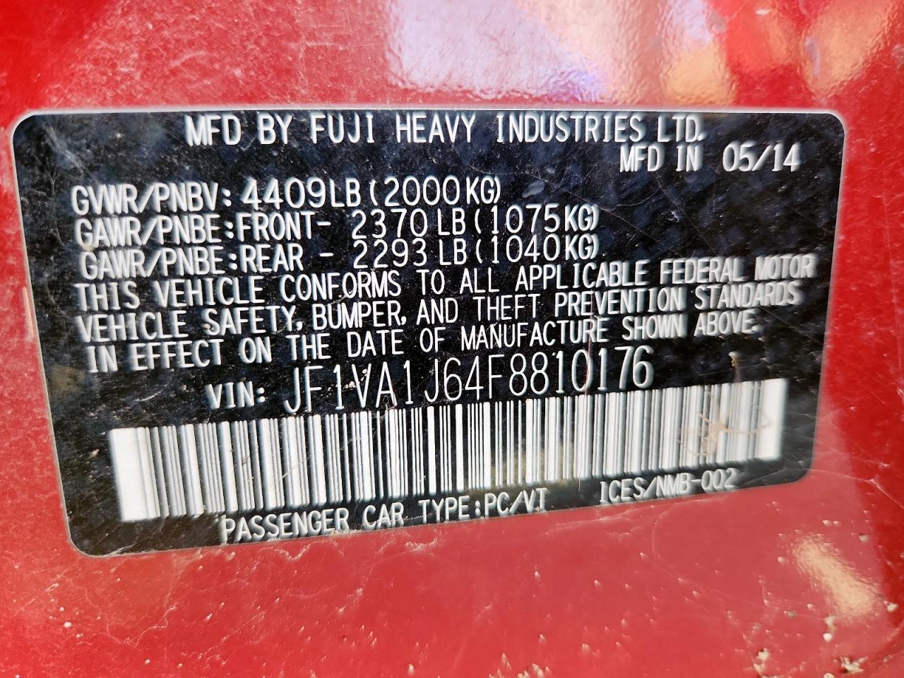 2015 Subaru Wrx Limited VIN: JF1VA1J64F8810176 Lot: 92431525