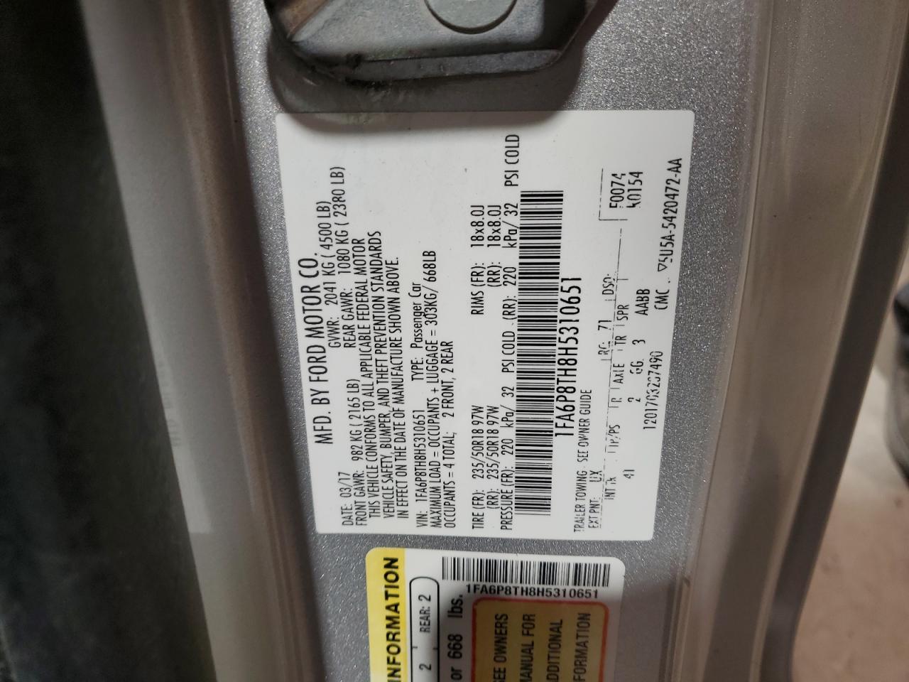 2017 Ford Mustang VIN: 1FA6P8TH8H5310651 Lot: 92394785