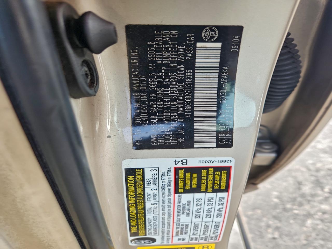 2007 Toyota Avalon Xl VIN: 4T1BK36B27U218386 Lot: 93516555