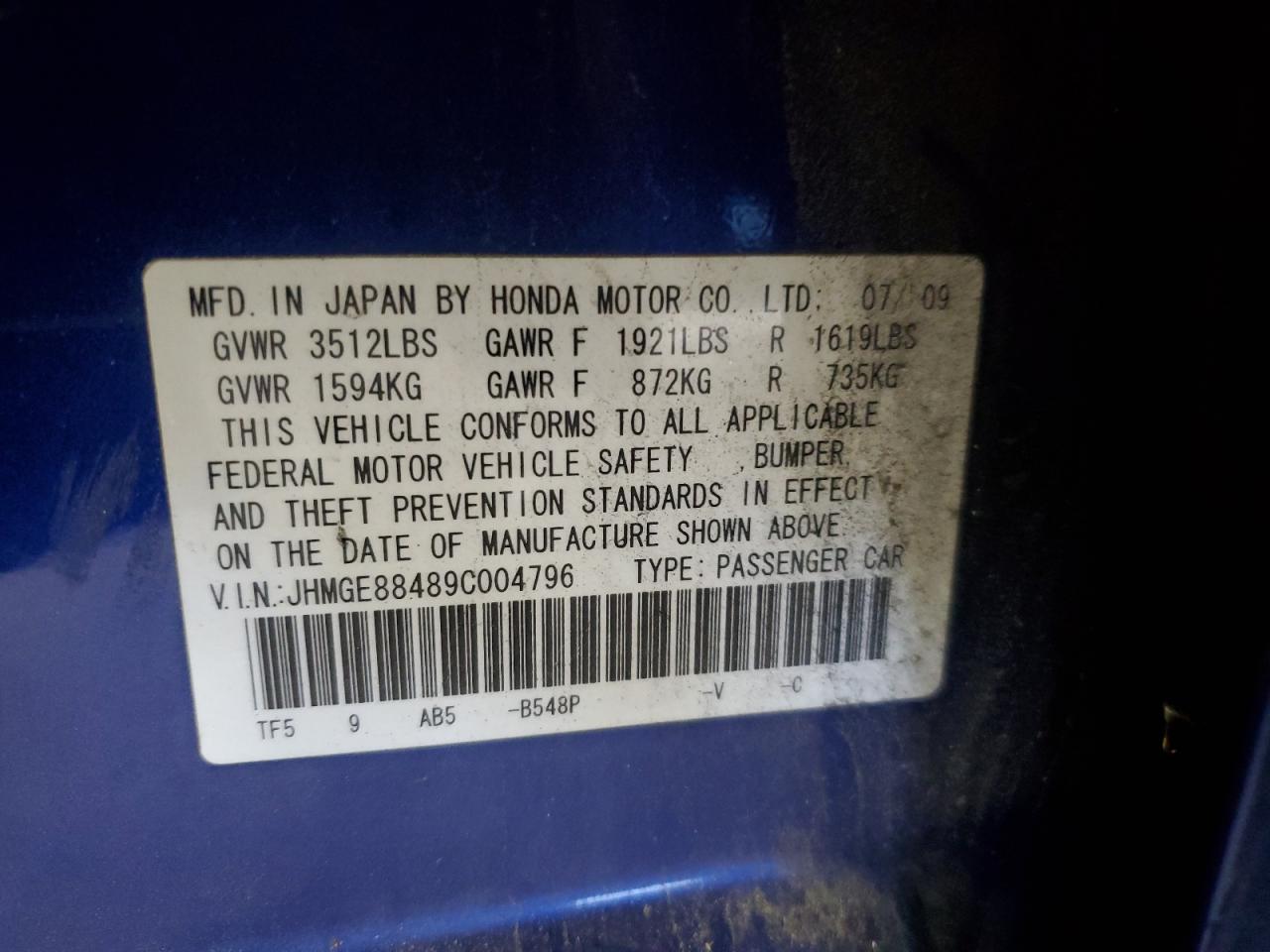 2009 Honda Fit Sport VIN: JHMGE88489C004796 Lot: 93422635