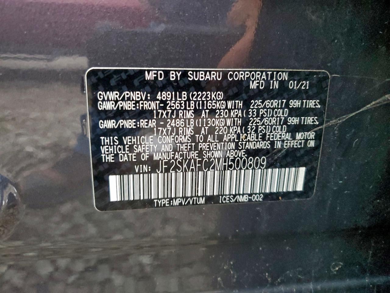 2021 Subaru Forester Premium VIN: JF2SKAFC2MH500809 Lot: 93962675