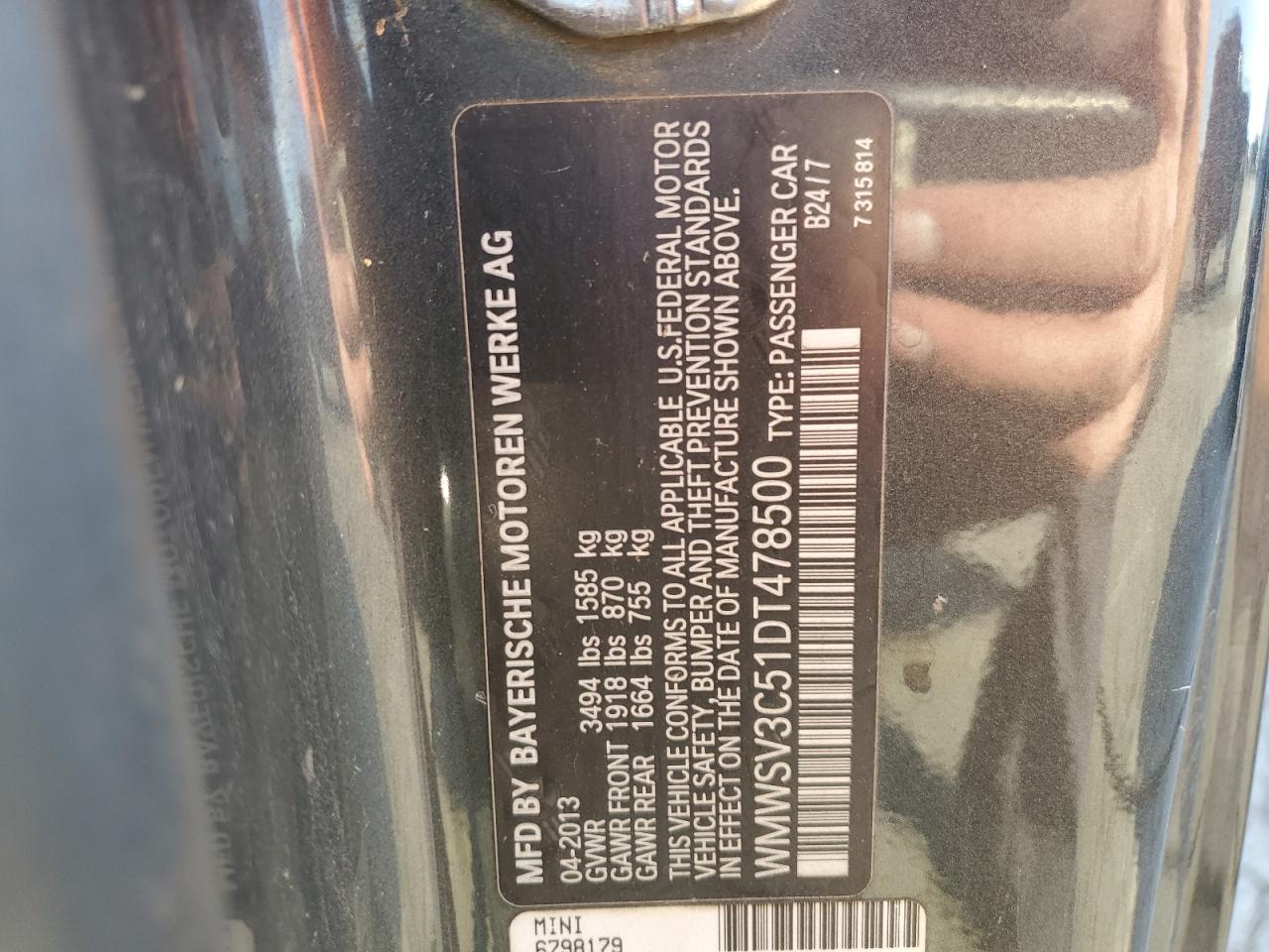 2013 Mini Cooper S VIN: WMWSV3C51DT478500 Lot: 91710375