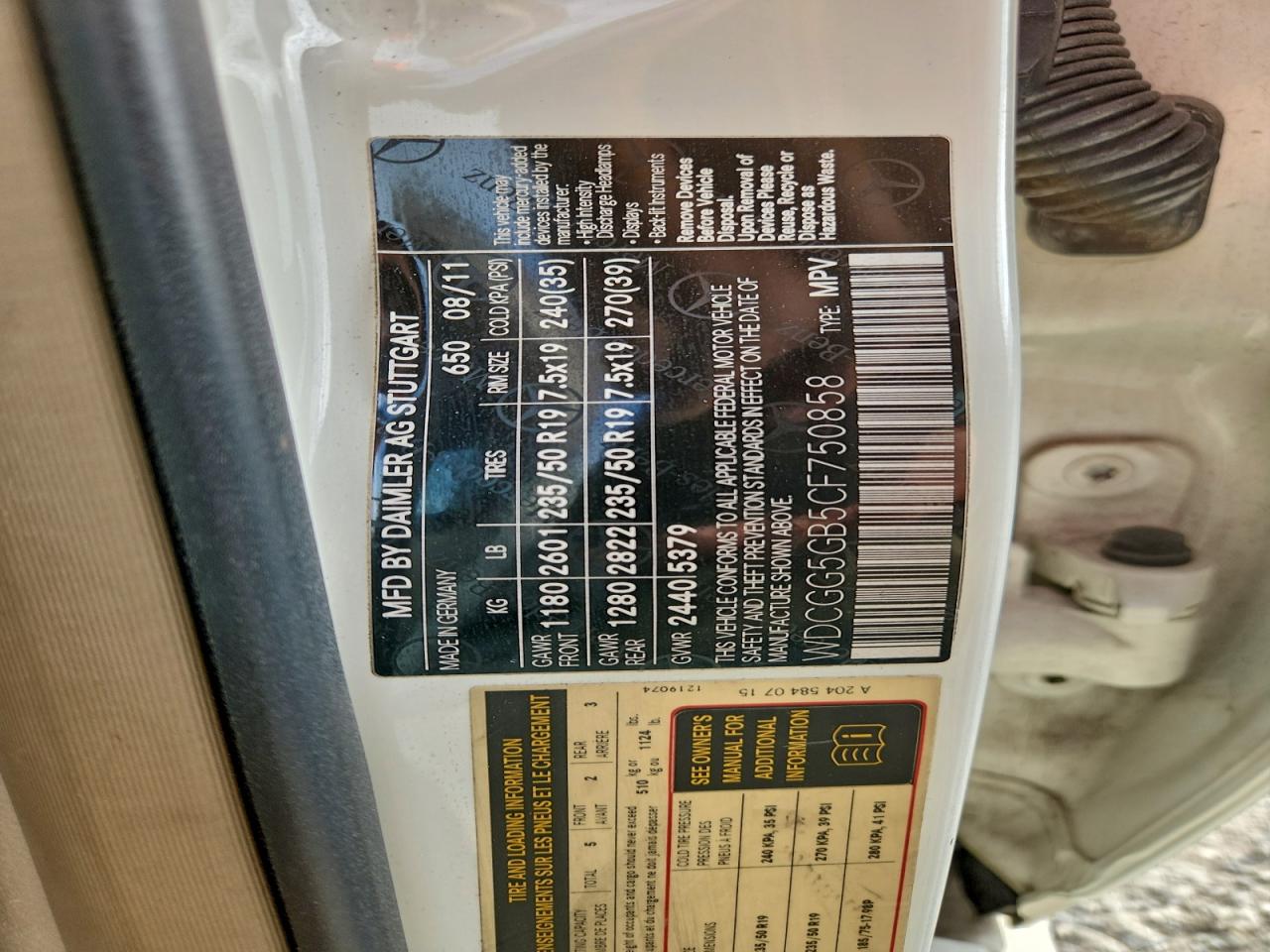 2012 Mercedes-Benz Glk 350 VIN: WDCGG5GB5CF750858 Lot: 94479615