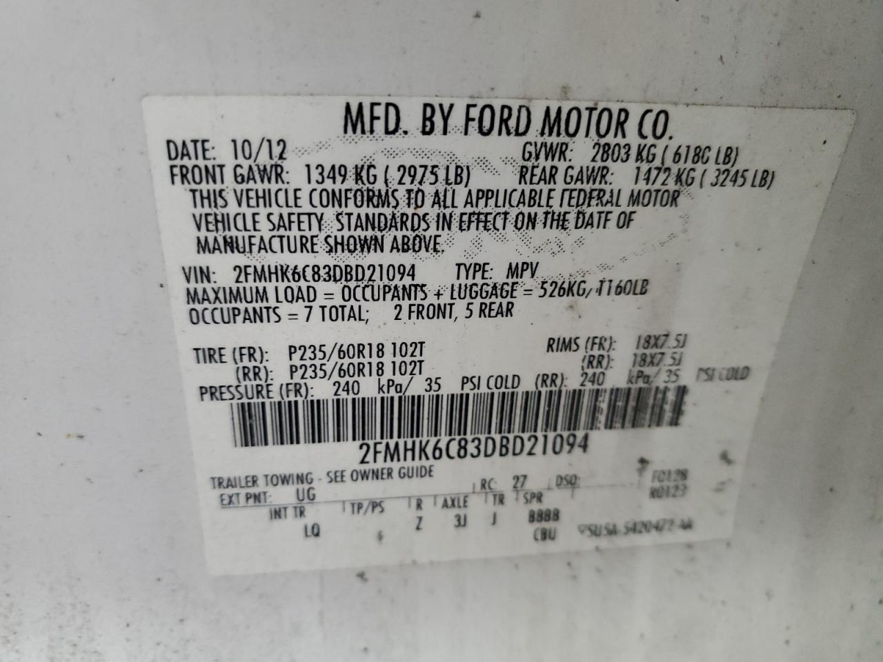 2013 Ford Flex Sel VIN: 2FMHK6C83DBD21094 Lot: 92506525