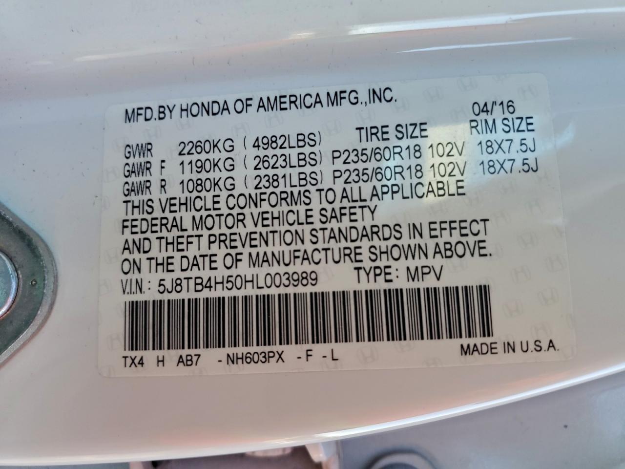 2017 Acura Rdx Technology VIN: 5J8TB4H50HL003989 Lot: 94327155