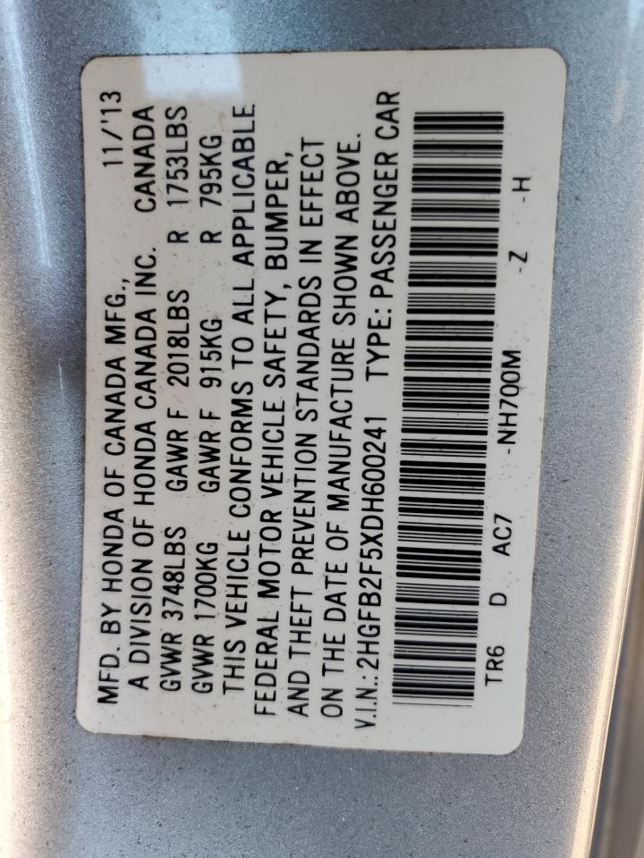 2013 Honda Civic Lx VIN: 2HGFB2F5XDH600241 Lot: 93313885