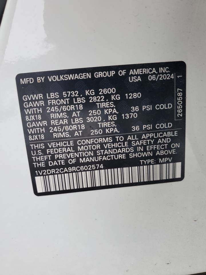 2024 Volkswagen Atlas Se VIN: 1V2DR2CA9RC602574 Lot: 93419985