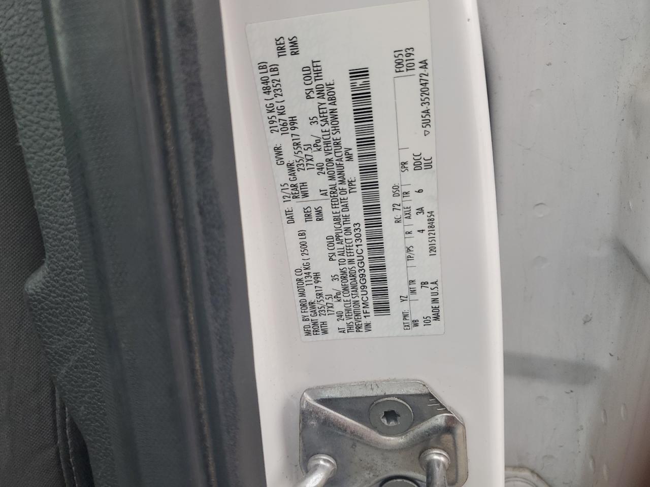 2016 Ford Escape Se VIN: 1FMCU9G93GUC13033 Lot: 92622595