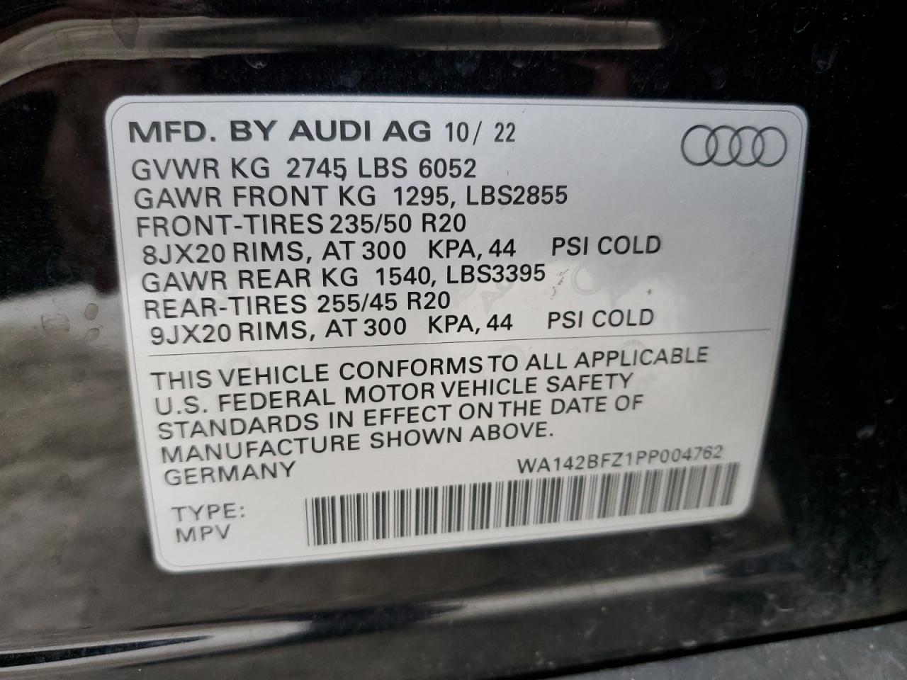 2023 Audi Q4 E-Tron Sportback Prestige VIN: WA142BFZ1PP004762 Lot: 93505315