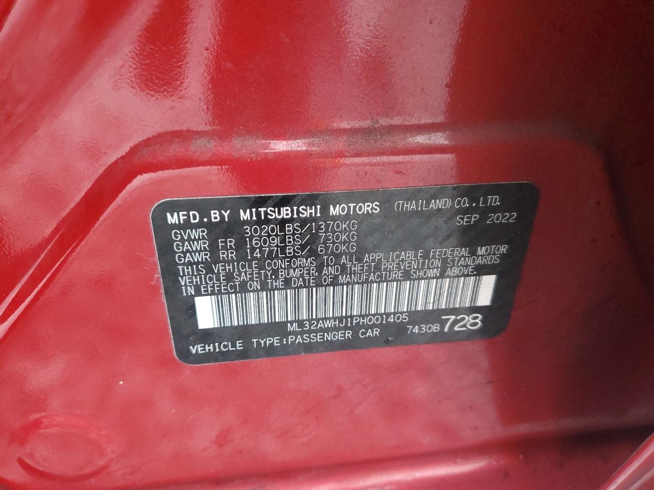 2023 Mitsubishi Mirage Se VIN: ML32AWHJ1PH001405 Lot: 92740225